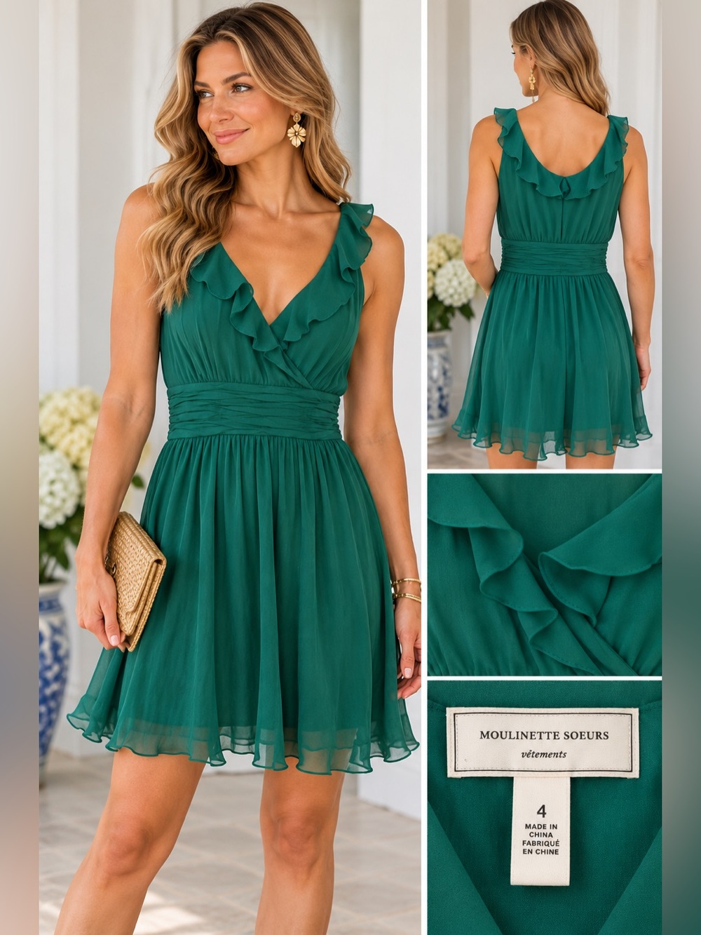 Moulinette Soeurs Anthropologie Emerald Green Silk Ruffle Dress Size 4